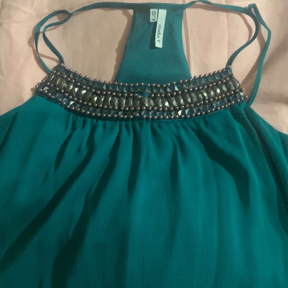 Studio Y beaded emerald green top. Size medium